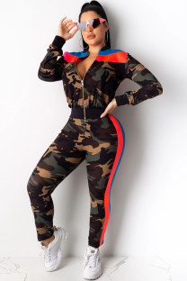 multicolor venetian Street Two Piece Suits Patchwork Camouflage Print pencil Long Sleeve Two-piece Pants Set