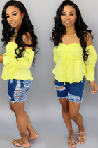 Blue Denim Button Fly Zipper Fly High washing Hole Zippered Pocket Straight shorts Shorts