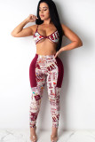 Wine Red Fashion Sexy adult Ma'am Patchwork Print Two Piece Suits pencil Sleeveless Two Pieces