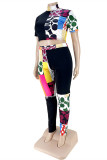 Black Fashion Casual Print Basic Half A Turtleneck Plus Size Two Pieces