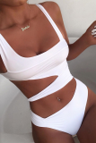 Rose Red Sexy Print Hollowed Out Patchwork Swimwears