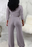 Grey Elegant Solid Without Belt O Neck Long Sleeve Two Pieces