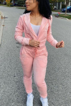Pink Solid Patchwork Hooded Collar Long Sleeve Regular Sleeve Regular Two Pieces