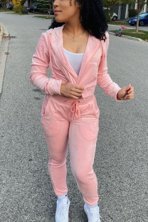 Pink Solid Patchwork Hooded Collar Long Sleeve Regular Sleeve Regular Two Pieces