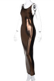 Rose Red Fashion Sexy Solid Backless O Neck Sling Dress
