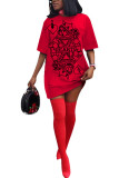 Black Fashion adult Ma'am Street Cap Sleeve Half Sleeves O neck Step Skirt skirt Print Dresses
