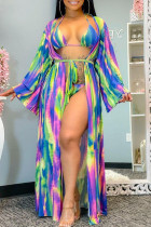 Blue Green Rose Red Sexy Tie Dye Patchwork Frenulum SwimwearsThree Pieces