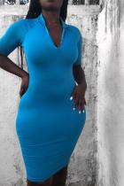 Light Blue Sexy Cap Sleeve Short Sleeves Notched Step Skirt Knee-Length Solid Club Dresses