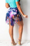 Yellow Dark Blue Denim Button Fly Sleeveless Mid Patchwork Print Tassel Old Straight shorts Bottoms