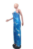 Blue Fashion Casual Print Backless Spaghetti Strap Regular Jumpsuits