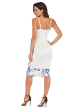 White Fashion Sexy Spaghetti Strap Sleeveless Slip Step Skirt Knee-Length Patchwork Print Club Dresses