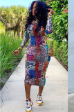 multicolor Sexy Cap Sleeve Long Sleeves O neck Step Skirt Mid-Calf Print