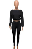 Black Active Europe and America Street Solid Skinny Long Sleeve Two Pieces