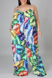 Blue Casual Print Patchwork Spaghetti Strap Plus Size Jumpsuits