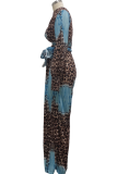 Blue Casual Print Patchwork V Neck Regular Jumpsuits