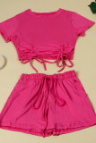Rose Red Fashion Casual Solid Bandage O Neck Short Sleeve Two Pieces