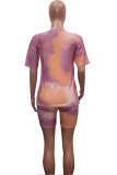 Dark Blue Fashion Sexy adult Patchwork Print Tie Dye Two Piece Suits Straight Short Sleeve Two Pieces