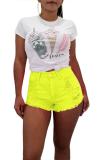 Orange Button Fly Mid Solid Patchwork Straight shorts