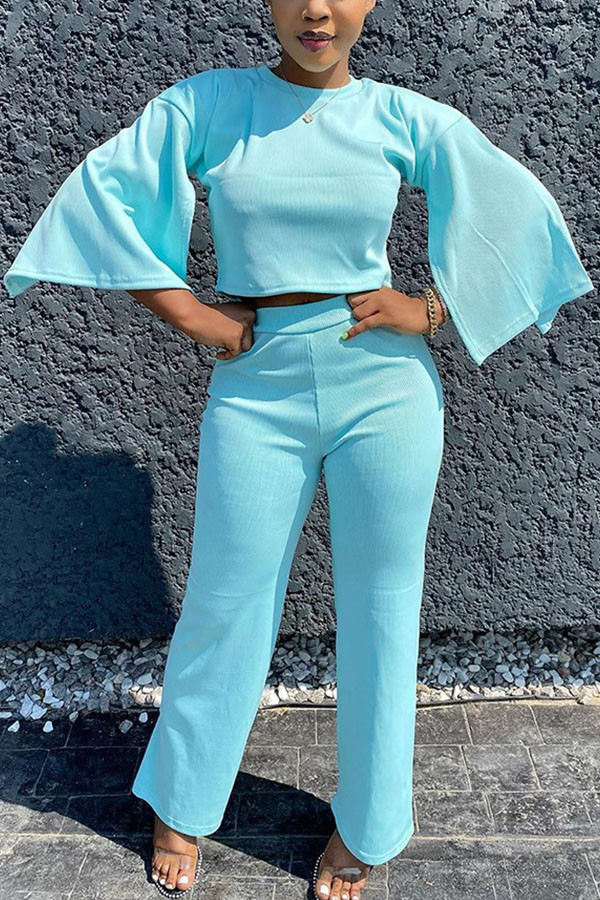 Blue Fashion adult Ma'am OL Solid Two Piece Suits Straight Three Quarter Two Pieces