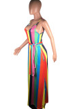 Blue Fashion Street White Blue Orange Yellow Light Blue Dark Blue Spaghetti Strap Sleeveless Slip Swagger Floor-Length Striped Print Dresses