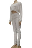White Fashion British Style Adult Solid Draw String Fold O Neck Long Sleeve Regular Sleeve Short Two Pieces