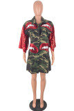 Green Turndown Collar Patchwork Sequin Lips Print The cowboy Patchwork Long Sleeve Denim jacket