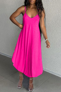 Rose Red Casual Solid Backless Spaghetti Strap Asymmetrical Dresses