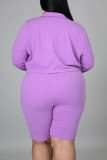 Purple Casual Solid Patchwork Turn-back Collar Plus Size Two Pieces