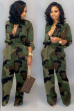 Blue Fashion Casual Button bandage Coloured drawing Camouflage Long Sleeve O Neck 