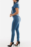 Dark Blue Fashion Casual Solid Zipper Turndown Collar Regular Jumpsuits