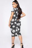 Black Casual Cap Sleeve Short Sleeves O neck Step Skirt Knee-Length Print Floral Casual Dresses