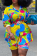 Yellow Sexy Print Patchwork Turndown Collar Plus Size Two Pieces