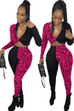 Blue Sexy Patchwork Two Piece Suits Leopard Straight Long Sleeve