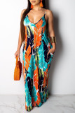Navy Blue Casual Off The Shoulder Sleeveless Slip Swagger Floor-Length Print Patchwork