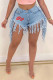 Baby Blue Fashion Sexy Print Tassel Mid Waist Straight Jeans