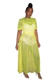 Green Casual Fashion Cap Sleeve Half Sleeves O neck Straight Ankle-Length Solid asymmetrical Mes