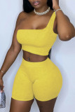Grey Sportswear Solid Patchwork One Shoulder Sleeveless Two Pieces