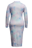 Blue Europe and America Ma'am OL V Neck Print Draped Gradient Plus Size