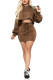 Coffee Fashion adult Sexy Two Piece Suits Bandage Solid Hip skirt Long Sleeve