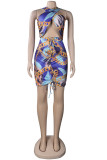 Blue Fashion Sexy Print Hollowed Out Backless Halter Sleeveless Dress