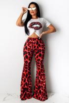 Red Fashion Casual adult Leopard Lips Print Print Loose Short Sleeve