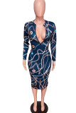 Navy Blue Sexy England Long Sleeves V Neck Step Skirt Knee-Length Print Dresses