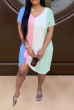 Multicolor Casual Striped Patchwork V Neck Straight Dresses