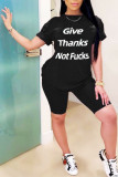 Black Casual Print Straight Short Sleeve Two Pieces