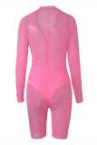 White Casual Fashion Mesh zipper Sequin perspective Asymmetrical Long Sleeve Turndown Collar 