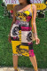 Yellow Street Print Patchwork Spaghetti Strap Pencil Skirt Dresses
