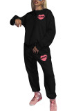 Black Fashion Casual Adult Print Letter O Neck Long Sleeve Regular Sleeve Regular Two Pieces