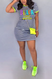 Green Casual Red Green Short Sleeves O neck Step Skirt Mini Striped Print Dresses