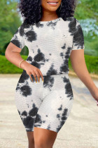 Black White Casual Print Tie Dye Patchwork O Neck Short Sleeve Two Pieces