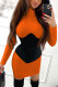 Orange Street Solid Patchwork Mandarin Collar Wrapped Skirt Dresses
